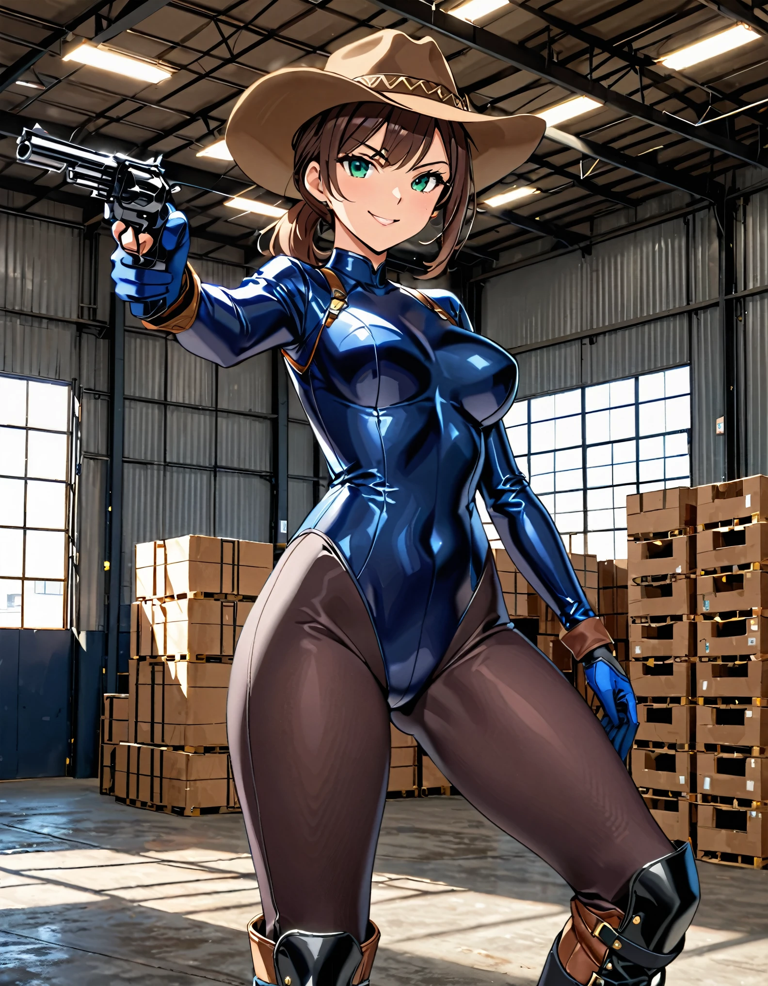 masterpiece, best quality, 1lady, solo, solo focus, (tall body), hispanic, brown hair, short hair, ponytail, blue-green eyes, medium breasts, beautiful detailed eyes, beautiful detailed face, smirk, ((brown cowboy hat)), (bodysuit, (solid blue bodysuit, leotard, dark blue leotard, tight dark grey leggings), perfect fit), long sleeves, (gloves, dark blue gloves, matching gloves, boots, combat boots, dark blue boots, matching boots), drop-down pistol holster, knee pads)), ((pointing pistol at the viewer, revolver)), full body, cowboy shot, empty warehouse, danger atmosphere.