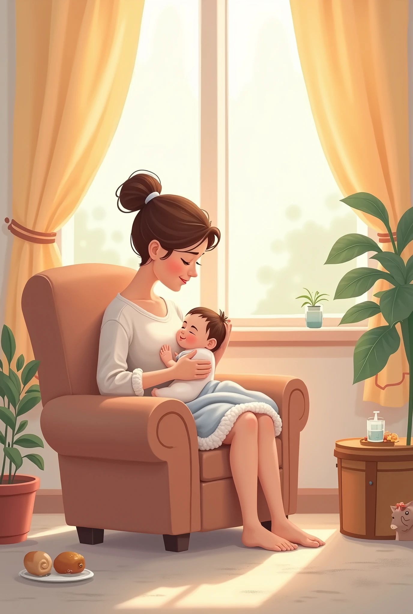 Create a room with a refrigerator, armchair that is comfortable and safe, with reference to motherhood and baby