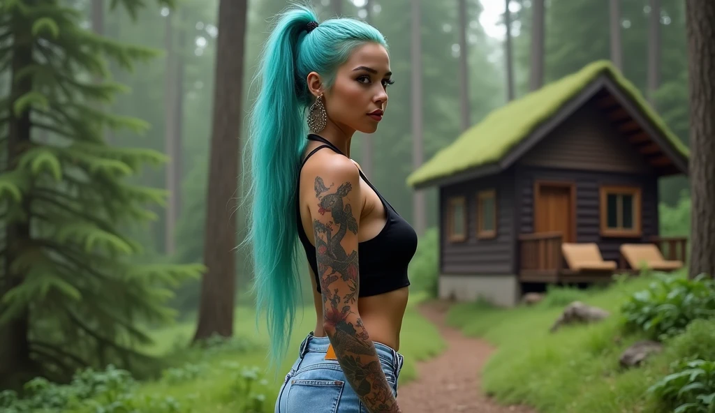 (ultra realistic,32k, Masterpiece:1.2),(very detailed skin:1.1),( 8k hd, DSLR, high quality:1.1), 1 girl, naked, oiled whole body, standing, marked abdomen ,green hair, wide,(aquamarine eyes:0.9), In the woods, under the rain, huge chest, tattoo, shortened pubic hair, long legs, military boots, (looking at the viewer, portrait:1.1)