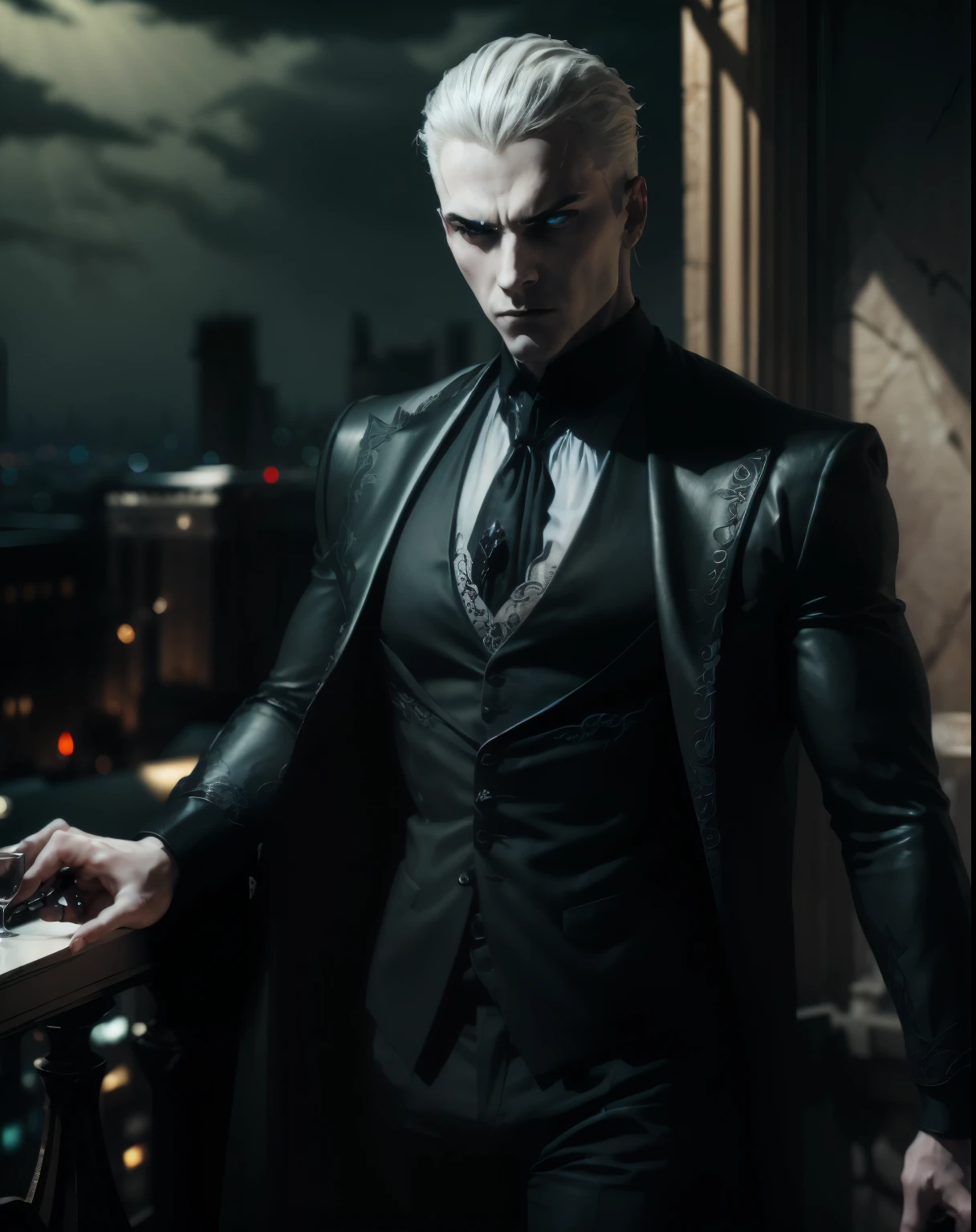 (masterpiece, best quality, ultra-detailed), A pale male vampire standing on a terrace overlooking a dark cityscape, reminiscent of New York, at night. His skin is ghostly white, and his piercing light blue eyes are accentuated with heavy black gothic makeup. He's holding a wine glass in his right hand, gazing out over the city with a greedy, ambitious, and hungry expression. The atmosphere is eerie and shadowy, with the city lights dimly glowing in the background. His attire is dark, stylish, and gothic, complementing the ominous mood of the scene.