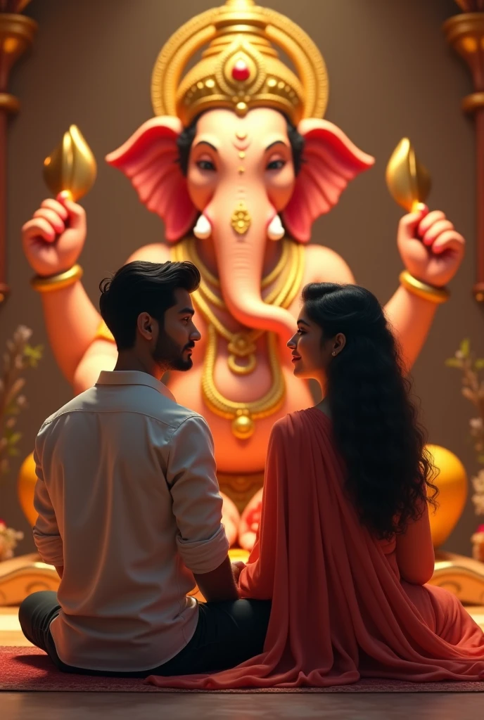 An image of devotees placing a beautifully crafted Ganesh idol at home during an auspicious time, with traditional decorations in the background. Add. text highlights. tax yellow red