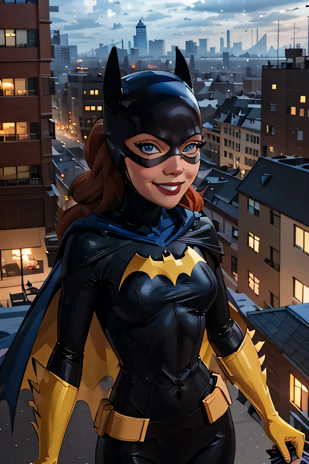 Barbara, Batgirl, red hair, blue eyes, gray bodysuit, cape, gloves, looking at viewer, smiling, outside, apartment roof, cityscape, cloudy, daytime, extreme detail, hdr, beautiful quality