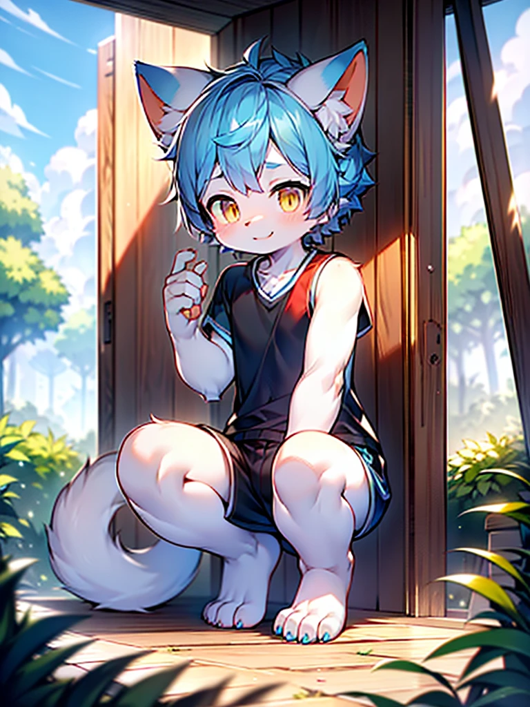 Light blue cute furry steps on milk
