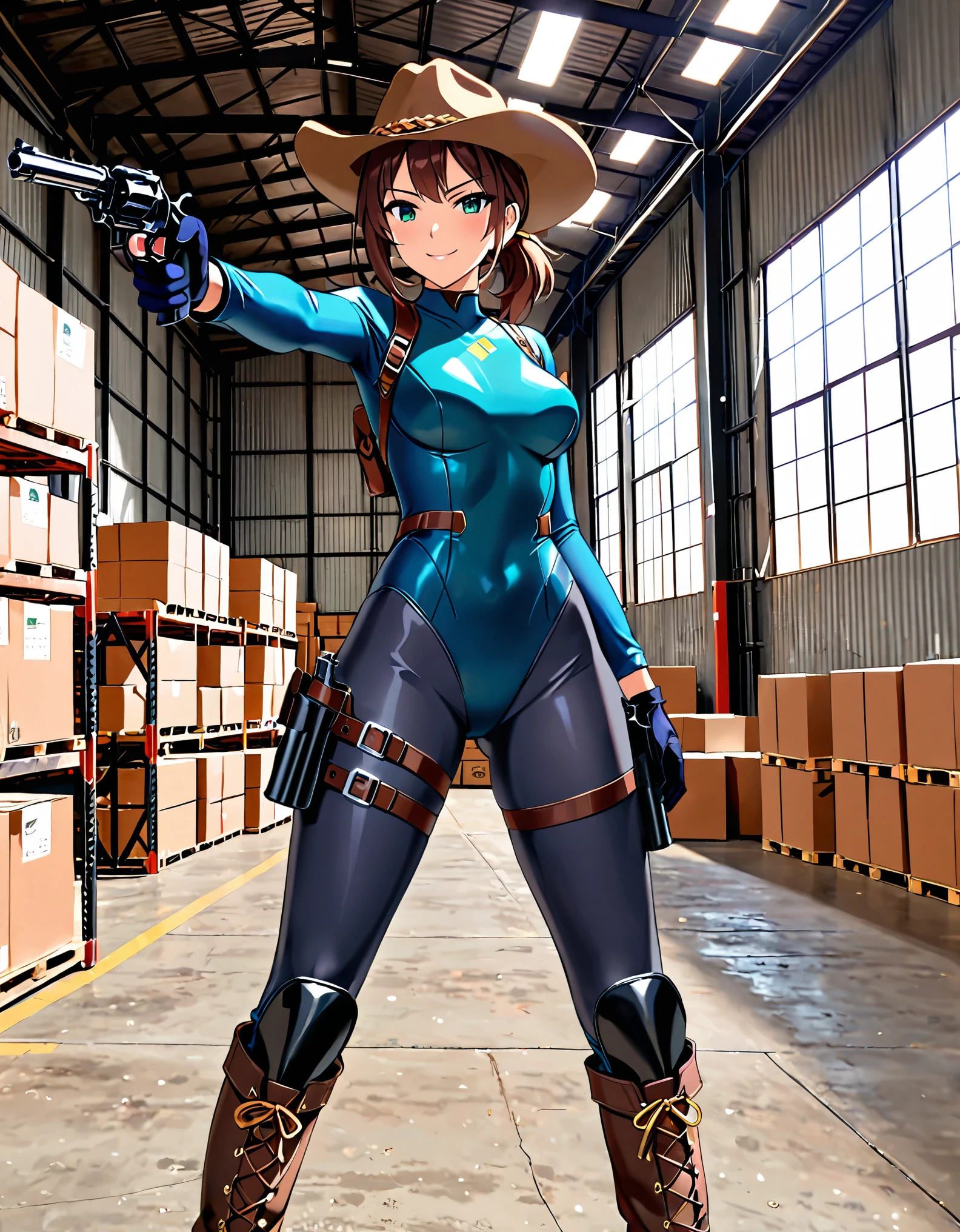 masterpiece, best quality, 1lady, solo, solo focus, (tall body), hispanic, brown hair, short hair, ponytail, blue-green eyes, medium breasts, beautiful detailed eyes, beautiful detailed face, smirk, ((brown cowboy hat)), (bodysuit, (solid blue bodysuit, leotard, dark blue leotard, tight dark grey leggings), perfect fit), long sleeves, (gloves, dark blue gloves, matching gloves, boots, combat boots, dark blue boots, matching boots), drop-down pistol holster, knee pads)), ((pointing pistol at the viewer, revolver)), standing, full body, cowboy shot, empty warehouse, danger atmosphere.