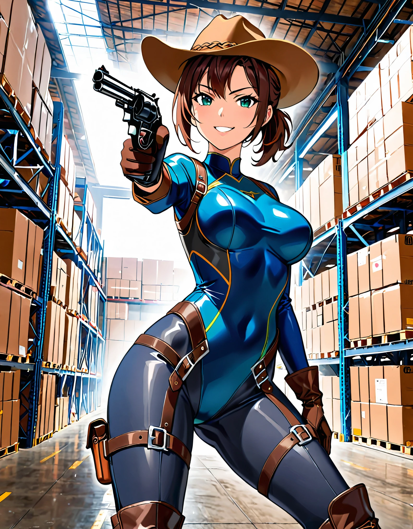 masterpiece, best quality, 1lady, solo, solo focus, (tall body), hispanic, brown hair, short hair, ponytail, blue-green eyes, medium breasts, beautiful detailed eyes, beautiful detailed face, smirk, ((brown cowboy hat)), (bodysuit, (solid blue bodysuit, leotard, dark blue leotard, tight dark grey leggings), perfect fit), long sleeves, (gloves, dark blue gloves, matching gloves, boots, combat boots, dark blue boots, matching boots), drop-down pistol holster, knee pads)), ((pointing pistol at the viewer, revolver)), standing, full body, cowboy shot, empty warehouse, danger atmosphere.