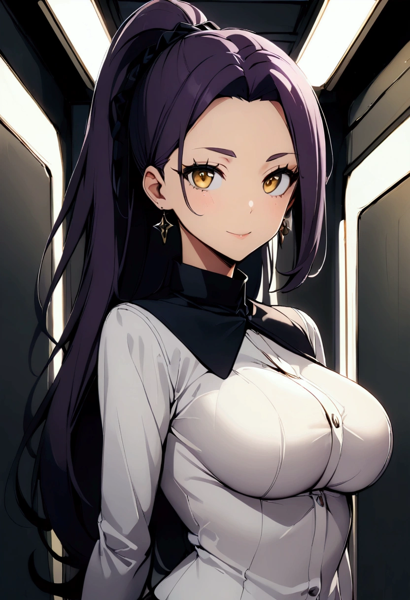 1 girl milf , solo , purpel ponytail hair , yellow eyes , haot body , in a row , Looking at the viewer , smailling