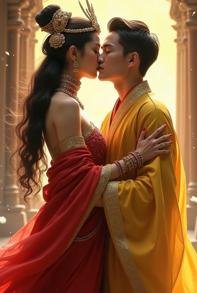A young man and a young woman with beautiful faces and fierce expressions, wearing torn dark blue and red clothes that reveal their beautiful breasts, slender legs, and the full-length underwear of a Han Fu Dynasty official, hug and kiss a young man in a deserted village.