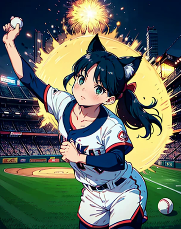 anime、Highest quality、high resolution、one cat、rounded body shape、Adorable expression、Playing baseball、pitcher、The moment the ball was thrown、Chunichi Dragons uniform、Packed baseball stadium、Night Game、