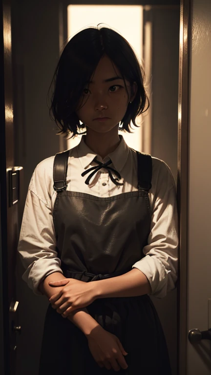 Create an ultra-realistic and terrifying depiction of Hanako-san as an adult. Hanako-san is a ghostly figure known from Japanese folklore. She has shoulder-length, straight black hair cut in a blunt bob, but it appears disheveled and wet, giving an eerie, unsettling look. Her skin is pale and almost translucent, with a ghostly blue tint that makes her appear otherworldly. Her large, black eyes are hollow and lifeless, surrounded by dark shadows that add to her haunting presence. She wears a tattered white blouse paired with a red mini skirt with suspenders, both garments appearing aged and torn. Her expression is a mix of intense sorrow and malevolent intent, with a chilling, twisted smile that sends shivers down the spine. She is standing in an old, dimly lit school bathroom, the tiles cracked and the mirrors smudged, adding to the overall atmosphere of dread and fear.