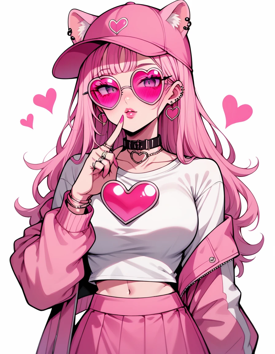 neondskdrmsxl, score_9_up, score_8_up, score_7_up, score_6_up, 1girl, solo, hat, jewelry, ring, heart, long hair, jacket, looking at viewer, tinted eyewear, animal ears, skirt, baseball cap, pink nails, pink theme, choker, earrings, pink-tinted eyewear, sunglasses, breasts, pink hair, neon lights, finger to mouth, shirt, round eyewear, pink skirt, white shirt, ear piercing, pink headwear, glasses, crop top, pink jacket, nail polish, heart-shaped eyewear, upper body, piercing, collar, long sleeves, midriff 