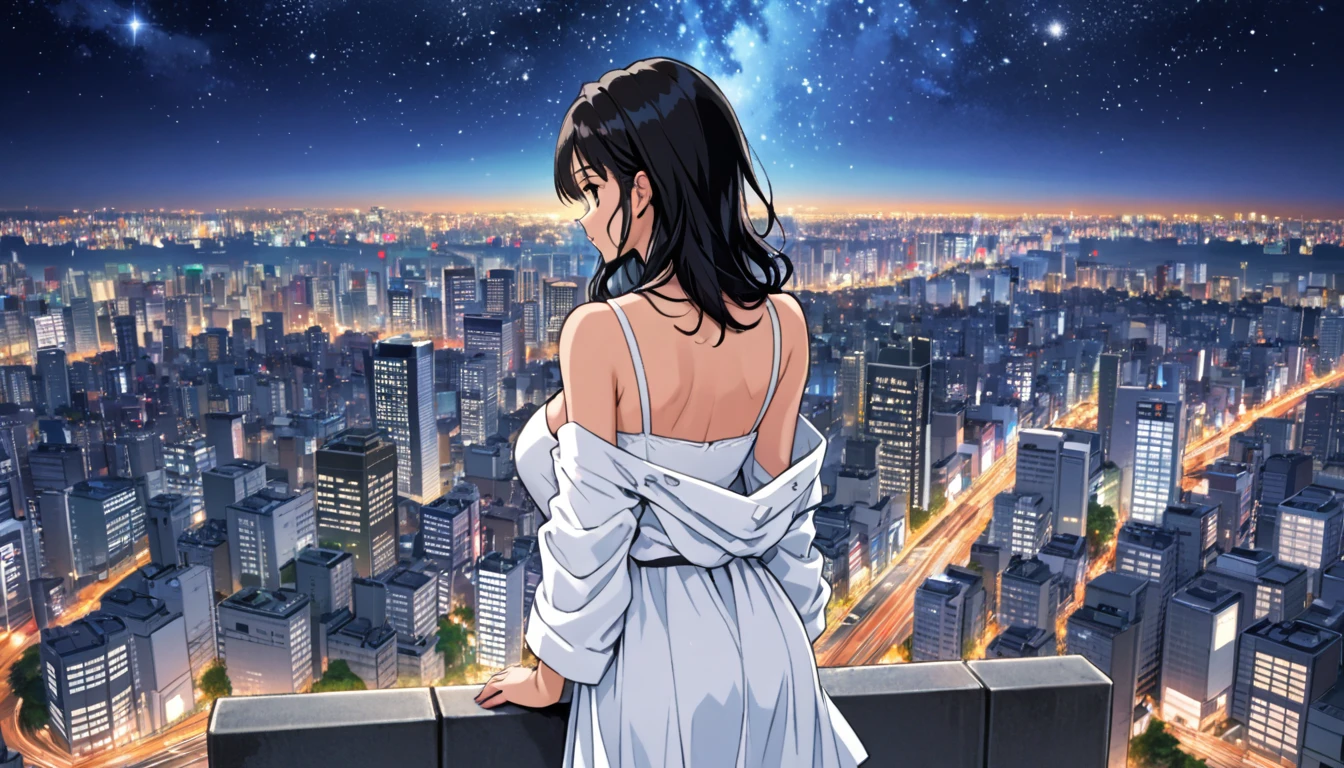 A black-haired woman looking out over the city of Tokyo,Night starry sky,Streetscape、listen to music、Japanese　Black Hair　Cleavage Skyscraper City　White clothes