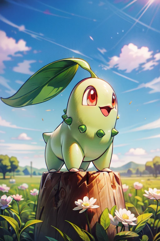 (masterpiece, best quality:1.2), highly detailed, POV, illustration, 1pokemon, chikorita, Chikorita_Pokemon, happy, blue sky, white flower field background, absurdres