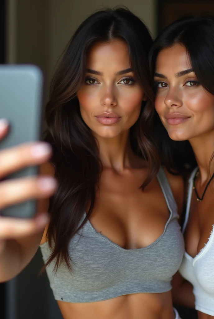 Attractive brunette woman with long hair with a look, she is scared and uses a modern, sexy cell phone, she is in an office.