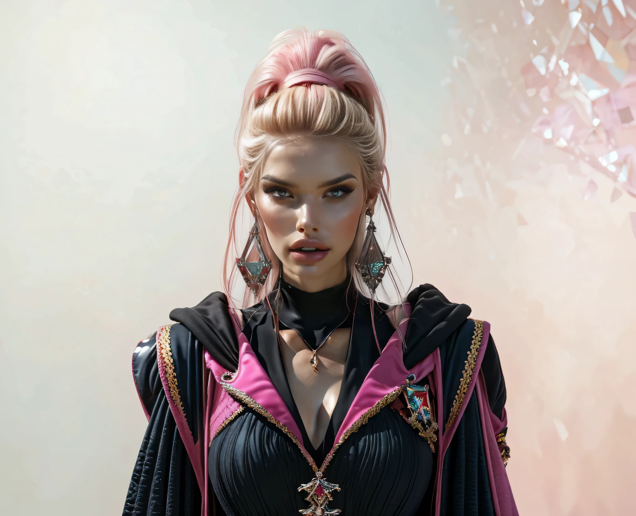 vampire Virginia Hill, (masterpiece, best quality, blonde woman, big hair, huge ponytail, glamour, luxury, oversized breast, pouting,,(pink gryffindor uniform), amazed (bimbolips) in style of ruby and diamond, j_gemstone, fantasy, academy, medium distance, viewer's gaze, full-length photo, (masterpiece, Best quality: 1.3), 1 woman, Virginia Hill hairstyle 40s, jet black long hair, Virginia Hill face, earrings, heavy saggy mature breasts, triangle of blacks pubic hair, beautiful slender legs, Virginia Hill high heels, high heel shoes, high heels, a very cohesive symmetrical piece of art, by range murata, Artgerm, digital illustration, Beautiful, Realism, UHD, retina, masterpiece, accurate, anatomically correct, textured skin, super detail, high details, high quality, award winning, best quality, highres, 1080P