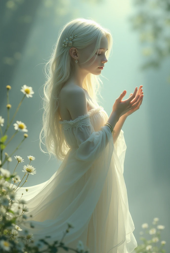 Best quality, the divine maiden sits on a grass. Summer. Open eyes, long blonde braids. grey open beautiful eyes. porcelan white glowing skin. transparent long veil with crystal. delicate, airy and translucent divine clothing. elements of crystal in robes. gold bracelets on arms. a lot of light. Sun rays. clarity. flower meadow. atmosphere of love. Open grey eyes.