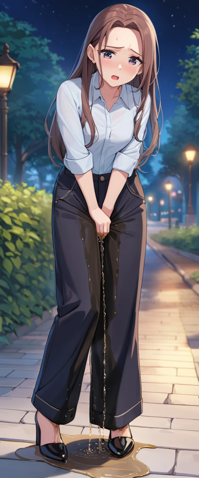 NSFW, (masterpiece, top quality, best quality, highly detailed:1.6), extremely detailed CG unity 8k wallpaper, (full body), wide shot, long shot, (leaning forward,close knees, touching crotch, pee running down legs:2.5), (((standing))), (((clutching crotch))), strong facial expression, (sharp eye:1.2), (scowl:1.1), (embarrassed, blush:1.3), (steam:1.9), (wet:1.2), (sweat:1.1), (trembling:1.3), (open mouth, wavy mouth:1.4), (clenched teeth:1.7), (closed eyes:1.5), (feeling weak:1.5), (shoot from front, looking at viewer:1.2), (light blue denim, toreador pants:1.5), (at midnight), night, park, woman, outdoor, (T-shirt, sandals:1.5), (long hair, dark brown hair, ponytail:1.5), (glasses:1.8), (long hair, ponytail, dark brown hair:1.5), (woman trembling with sexual climax:1.5), (Be incontinent:1.5), colorful, perfect composition, urination, incontinence, piss, peeing self, (((pee stream))), (pee puddle), wetting herself, pee stain, large breasts, Yellow pee, ((leaking pee)), puddle of pee, Pee at your pants, Pee spread on the floor, Pee stains, Dripping pee between my legs, Feet wet from pee, Pee-covered pants, Pee at your pants, want to pee, about to pee, Full bladder, Pee-soaked pants, Pee-soaked sandals, natural makeup,