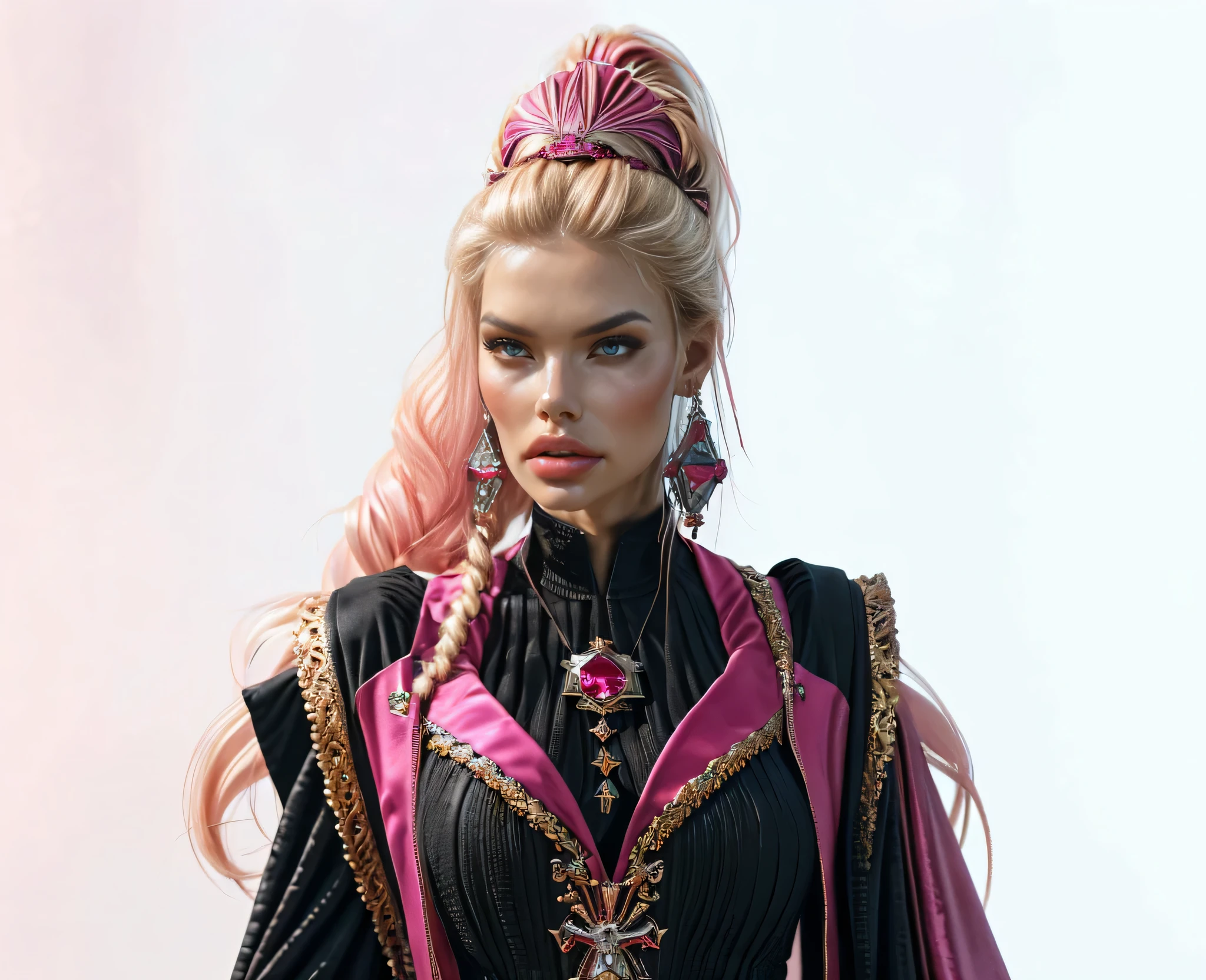 vampire Virginia Hill, (masterpiece, best quality, blonde woman, big hair, huge ponytail, glamour, luxury, oversized breast, pouting,,(pink gryffindor uniform), amazed (bimbolips) in style of ruby and diamond, j_gemstone, fantasy, academy, medium distance, viewer's gaze, full-length photo, (masterpiece, Best quality: 1.3), 1 woman, Virginia Hill hairstyle 40s, jet black long hair, Virginia Hill face, earrings, heavy saggy mature breasts, triangle of blacks pubic hair, beautiful slender legs, Virginia Hill high heels, high heel shoes, high heels, a very cohesive symmetrical piece of art, by range murata, Artgerm, digital illustration, Beautiful, Realism, UHD, retina, masterpiece, accurate, anatomically correct, textured skin, super detail, high details, high quality, award winning, best quality, highres, 1080P