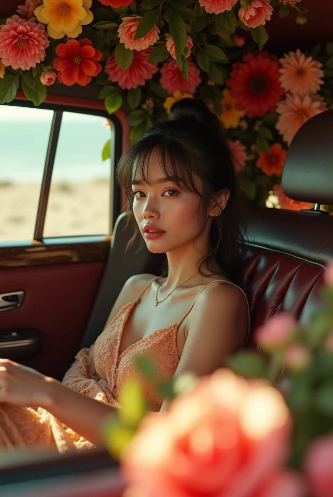 (photorealism:1.2), vogue aesthetic, Young woman, model watching on the viewer, Gucci tones, ultra-detailed, cinematic, still from the movie, realistic, 35 mm, 1.4 f, 8k, --ar 4:5 --s 500, sitting in a Rolls Royce, lined with flowers inside, long-distance shot, from inside of the car