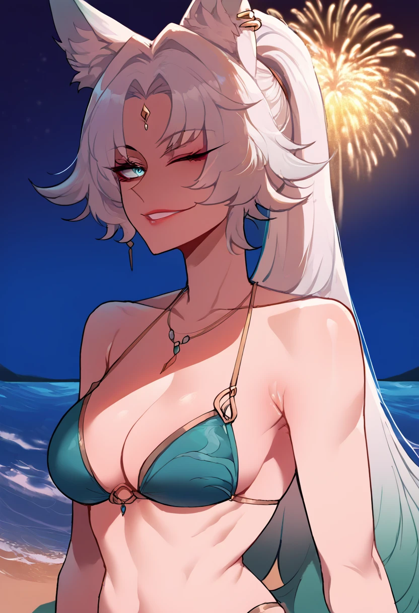 (score_9, score_8_up, seductive face, seductive expression), exterior, beach, night, close up, smile, Feixiao, animal ears, long hair, ponytail, gradient hair, white hair, blue eyes, lipstick, forehead jewel, ear piercing, hair ornament, wink, gradient bikini, fireworks, Nyantcha Style, source_anime, rating_explicit 