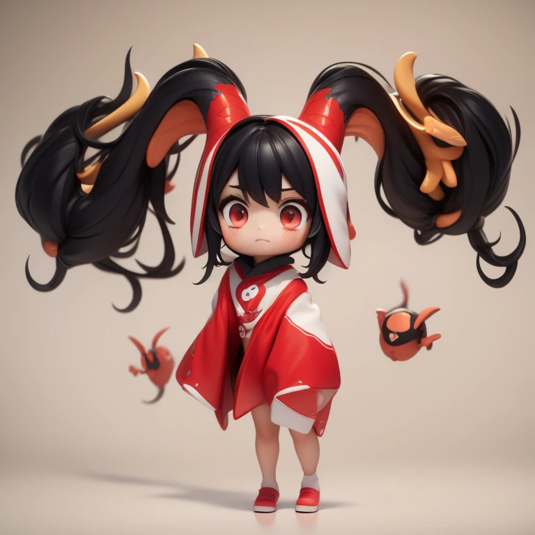 　Primary school students　young　small　height: 130cm　Standing picture Simple design　The dress is a one-piece　camisole　Sleeveless　No sleeve　Long Hair　Long black hair　Hair is black　Red eyes　Shoulder-baring ahoge　Kokeshi
