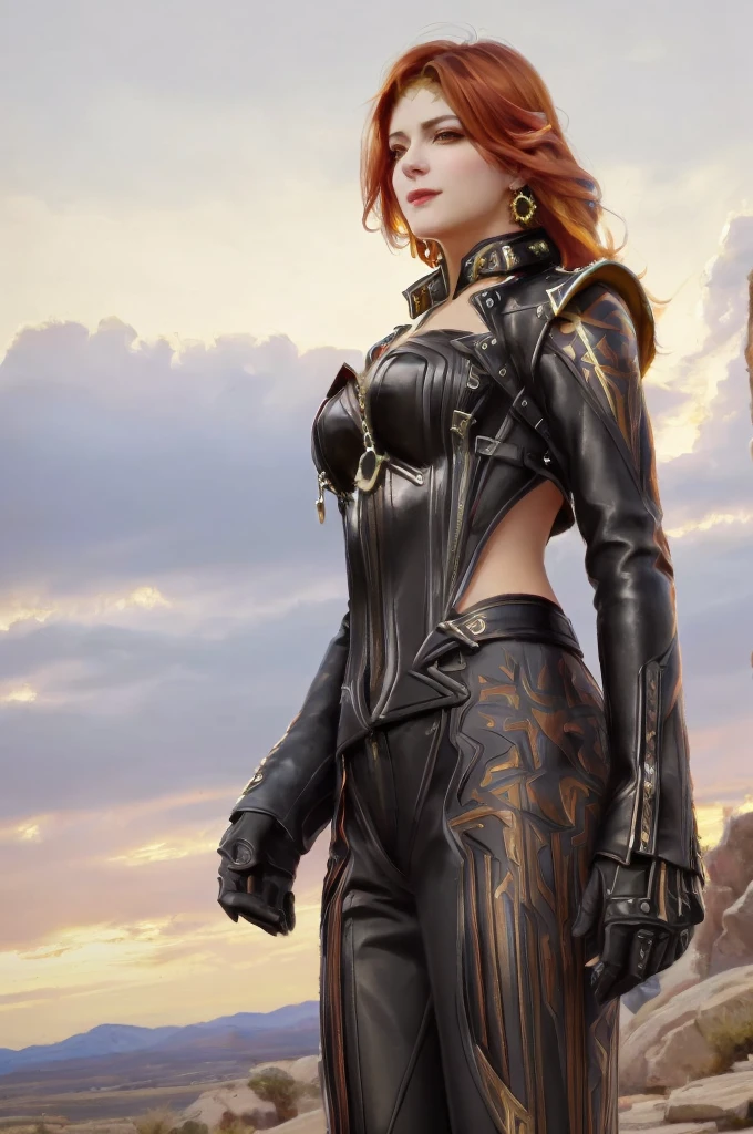 In realistic oil painting portrait of high quality and detail, Mavuika (Genshin Impact), red hair, yellow eyes, Classicism, Waist, 19th century style, full-length, dark and mysterious atmosphere, glow, eye shadow, 1girl, thriller fantasy, Depth & Perspective, smiling face, She is wearing a black leather motorcycle jacket and leather trousers. She stands in front of the ancient ruins, desert on background.  Mystical powers, fine face, outdoors, blue sky, white cloud, looking at viewer, (ultra-high detail:1.2), Masterpiece, Best Quality, Ultra-detailed, Cinematic lighting, 8K, delicate features, cinematic, 35 mm lens, f/1.9, highlight lighting, global lighting –uplight –v 4, cinematic, intense gaze, Cinematic lighting, 8K, high quality, Highest Quality, (Solo Focus), (extremly intricate:1.3), (Realistic), dramatic, masterful, Analog style, (Film grain:1.5), (warm hue, cold tone)