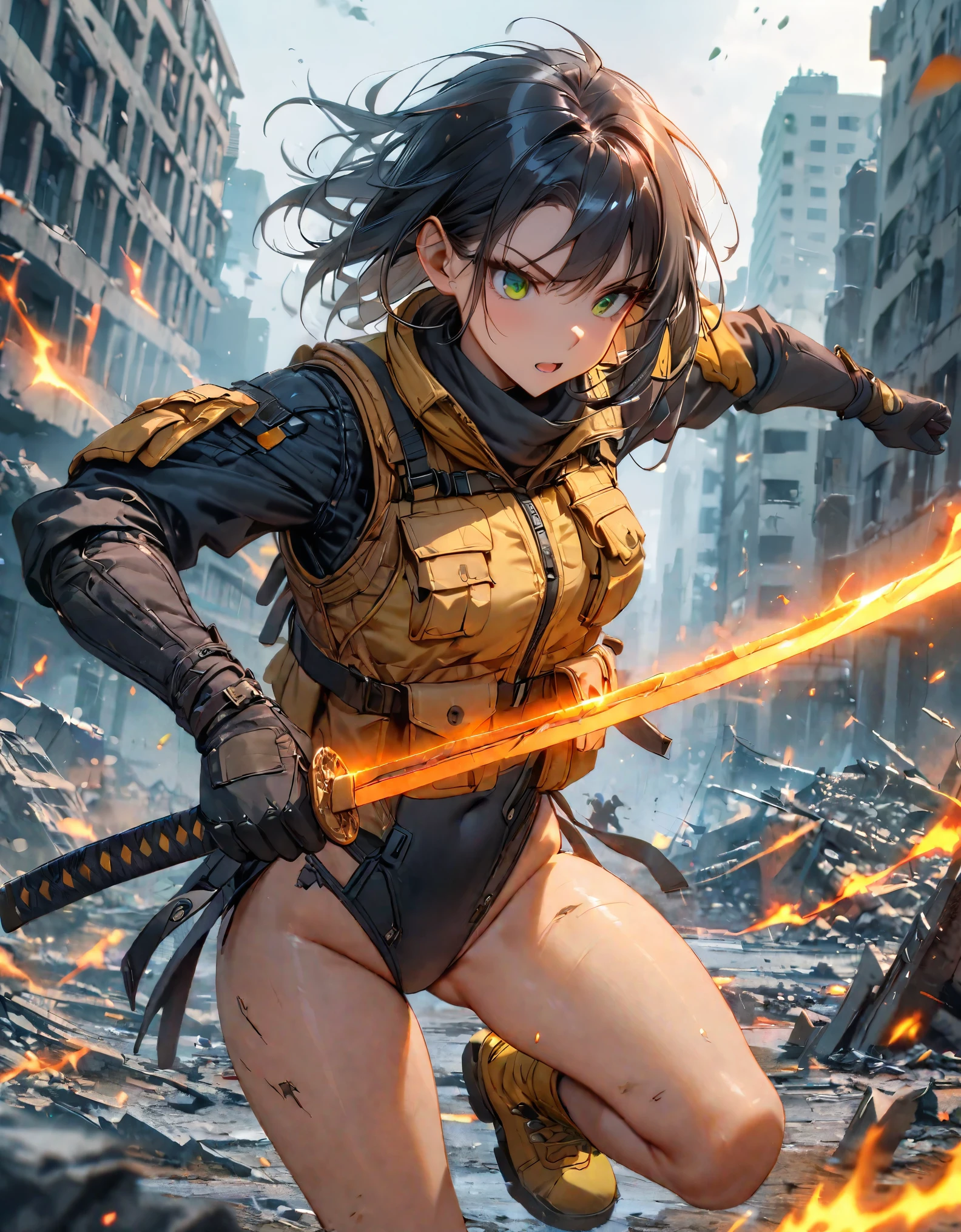 masterpiece, best quality, hires, 1 girl, solo, solo focus, close up shot, (black hair, medium hair, medium breasts, green eyes), ninja, perfect anatomy, city, cyberpunk style, ((load-bearing vest, belt, black gloves, black leotard, bare legs, yellow combat boots, matching boots)), ((dynamic action pose)), war, ruined city, battlefield, rubble, building, (holding weapon, katana), cowboy shot, body induced with black aura