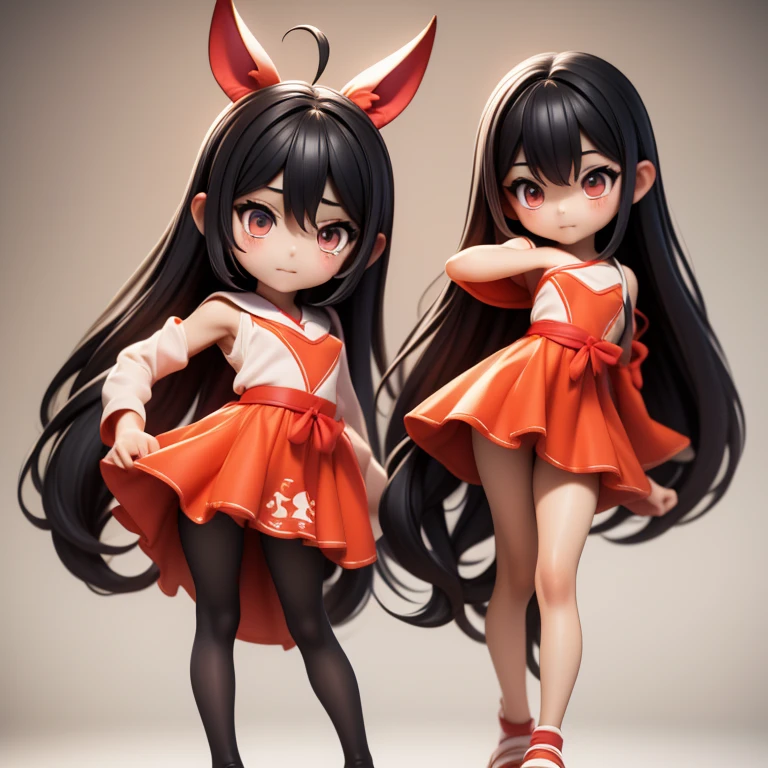 　Primary school students　young　small　height: 130cm　Standing picture Simple design　The dress is a one-piece　camisole　Sleeveless　No sleeve　Long Hair　Long black hair　Hair is black　Red eyes　Shoulder-baring ahoge　Kokeshi
