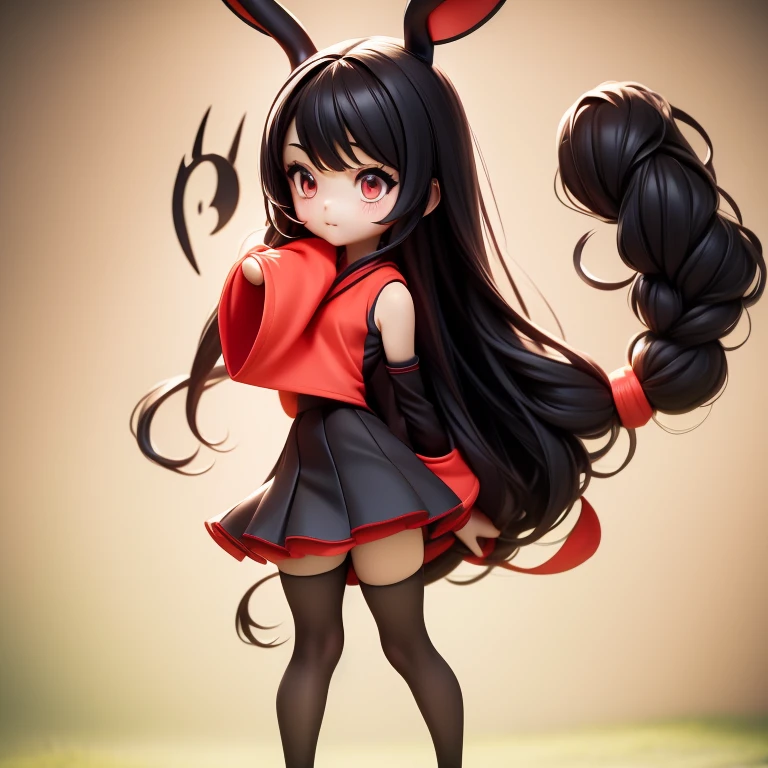 　Primary school students　young　small　height: 130cm　Standing picture Simple design　The dress is a one-piece　camisole　Sleeveless　No sleeve　Long Hair　Long black hair　Hair is black　Red eyes　Shoulder-baring ahoge　Kokeshi
