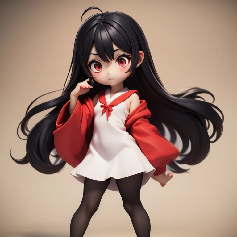 　　height: 130cm　Standing picture Simple design　The dress is a one-piece　camisole　Sleeveless　No sleeve　Long Hair　Long black hair　Hair is black　Red eyes　Shoulder-baring ahoge　Kokeshi
