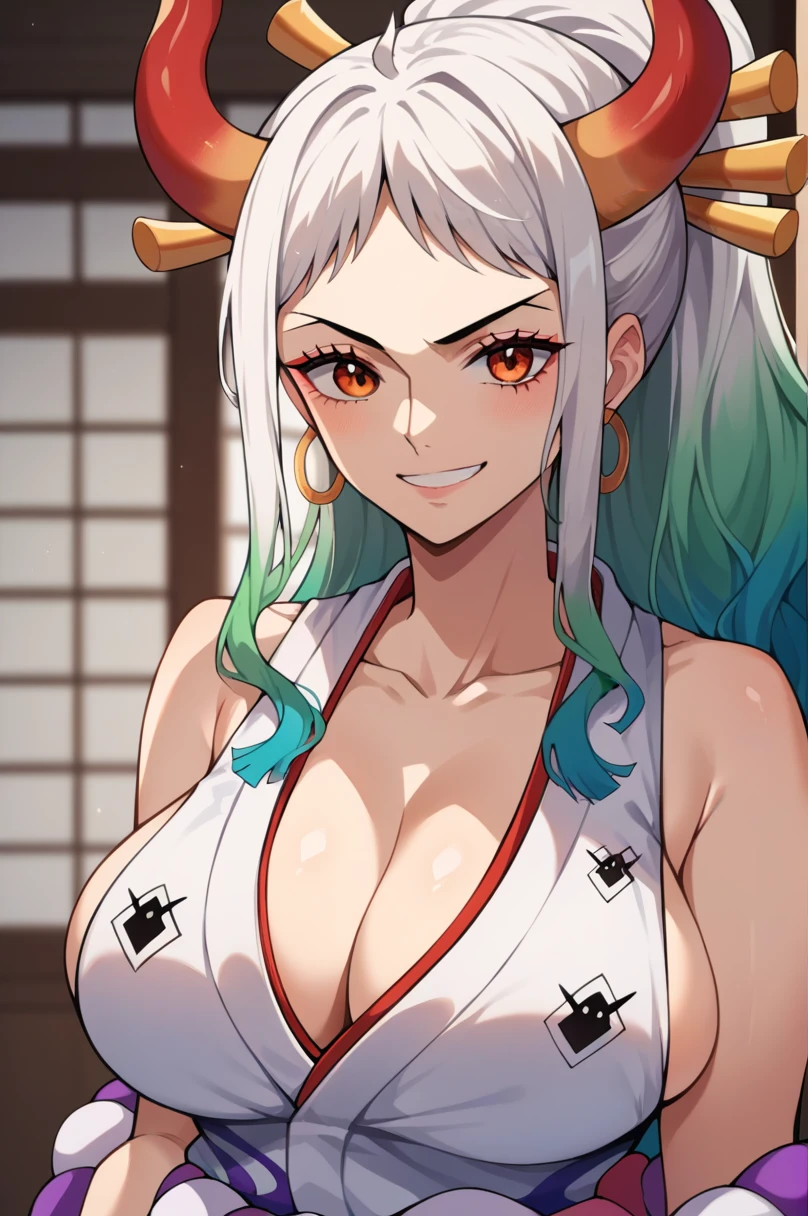 score_9,score_8_up,score_7_up,score_6_up, yamato \(one piece\), 1girl, solo, japanese clothes, multicolored hair, jewelry, earrings, sleeveless kimono, hair ornament, kimono, curled horns, long hair, oni, upper body, smile, rope, breasts, hair stick, sleeveless, shimenawa, hoop earrings, bare shoulders, ponytail, room, big breasts, cleavage, grabbing breasts, bouncing breasts, breasts focus
