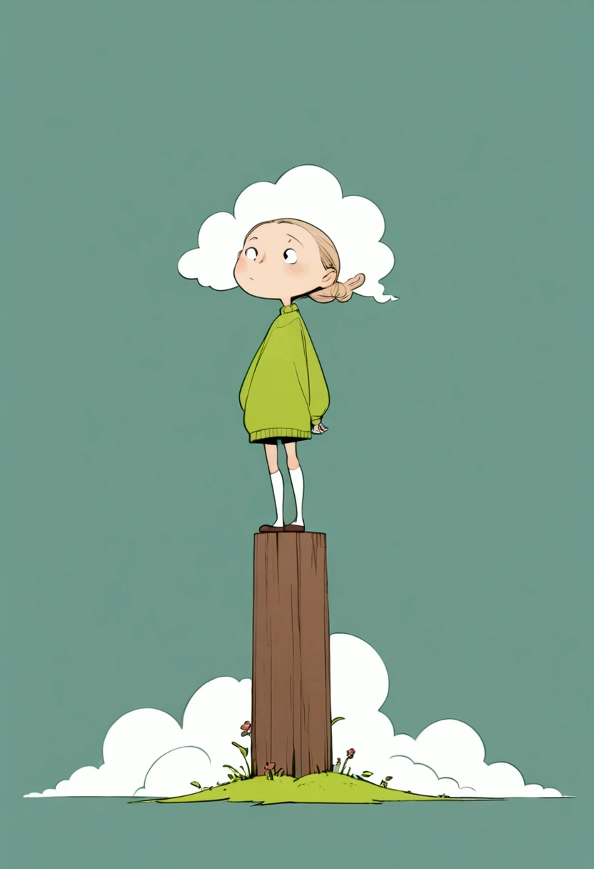 Ewa Poklewska-Koziełło in style of Mike Azevedo，Cartoon graffiti ， standing on a wooden stake looking into the distance，White Cloud，Fear of heights，whole body, Solid color background