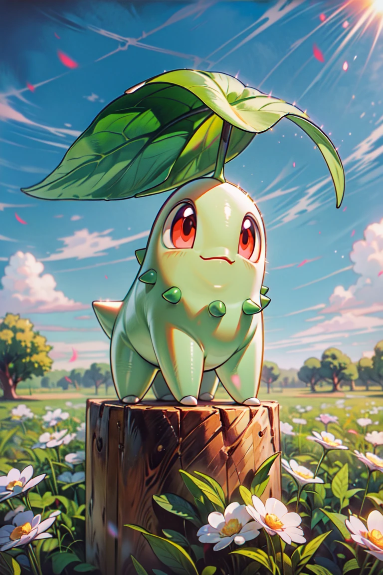 (masterpiece, best quality:1.2), highly detailed, POV, illustration, 1pokemon, chikorita, (Chikorita_Pokemon), happy, blue sky, white flower field background, absurdres