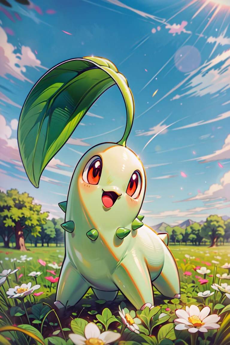 (masterpiece, best quality:1.2), highly detailed, POV, illustration, 1pokemon, chikorita, (Chikorita_Pokemon), happy, blue sky, white flower field background, absurdres