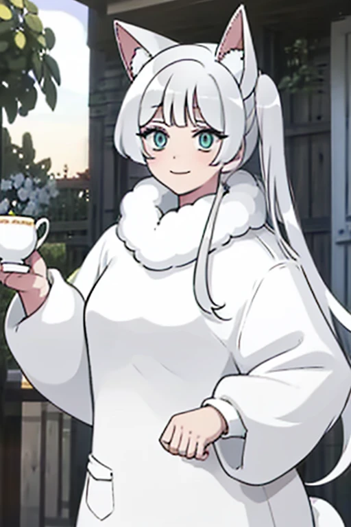 Perfect face. Perfect hands. A young white haired woman with green eyes with white wolf ears and a white wolf tail and an hourglass figure wearing a cool leather dress and a leather jacket is sipping tea by a shop with a big smile