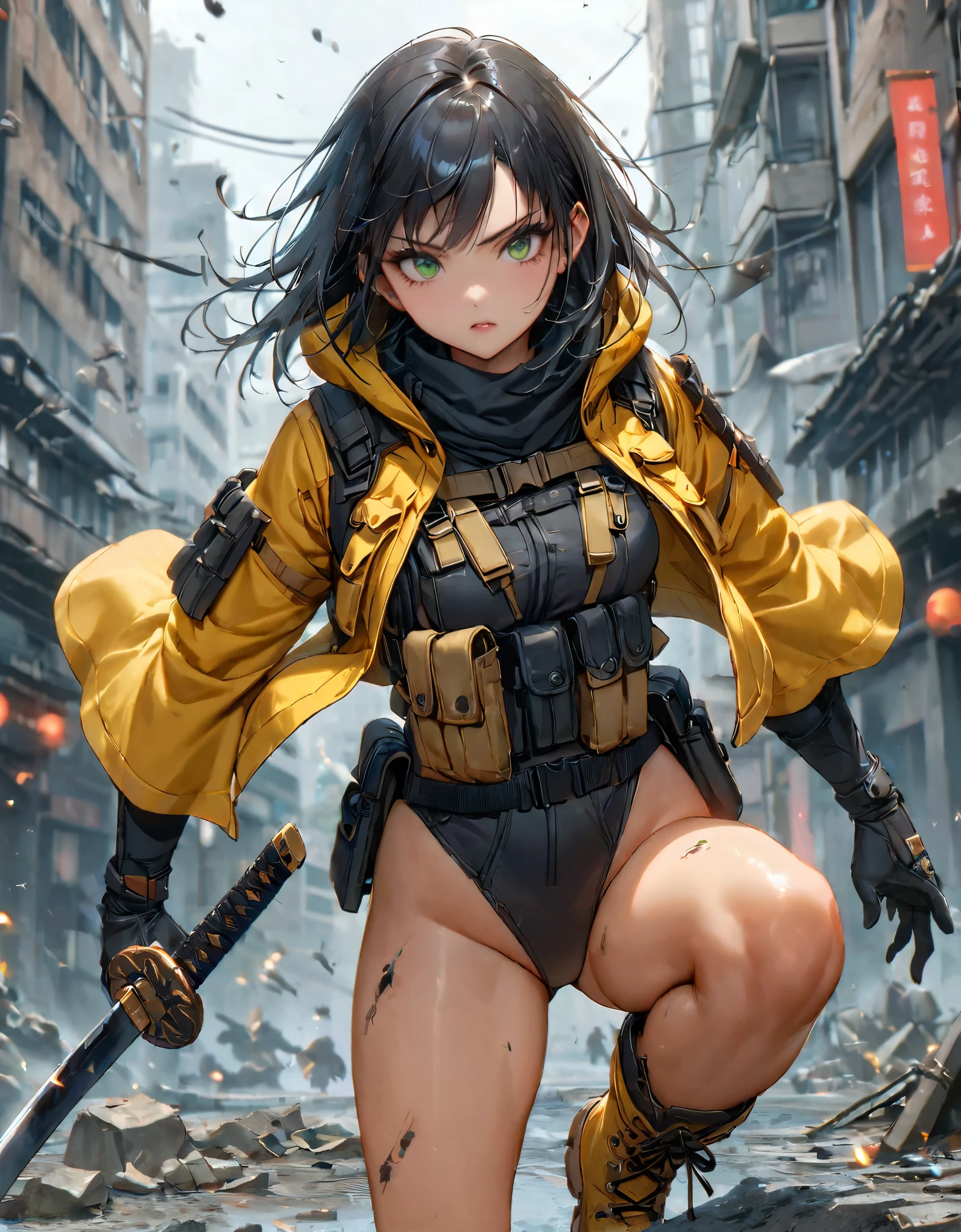 1 girl, solo, solo focus, close up shot, (black hair, medium hair, medium breasts, green eyes), ninja, perfect anatomy, city, cyberpunk style, ((load-bearing vest, belt, black gloves, (black leotard, yellow hooded jacket), bare legs, yellow combat boots, matching boots)), ((dynamic action pose)), war, ruined city, battlefield, rubble, building, (holding weapon, katana), cowboy shot, body induced with black aura, fix hands