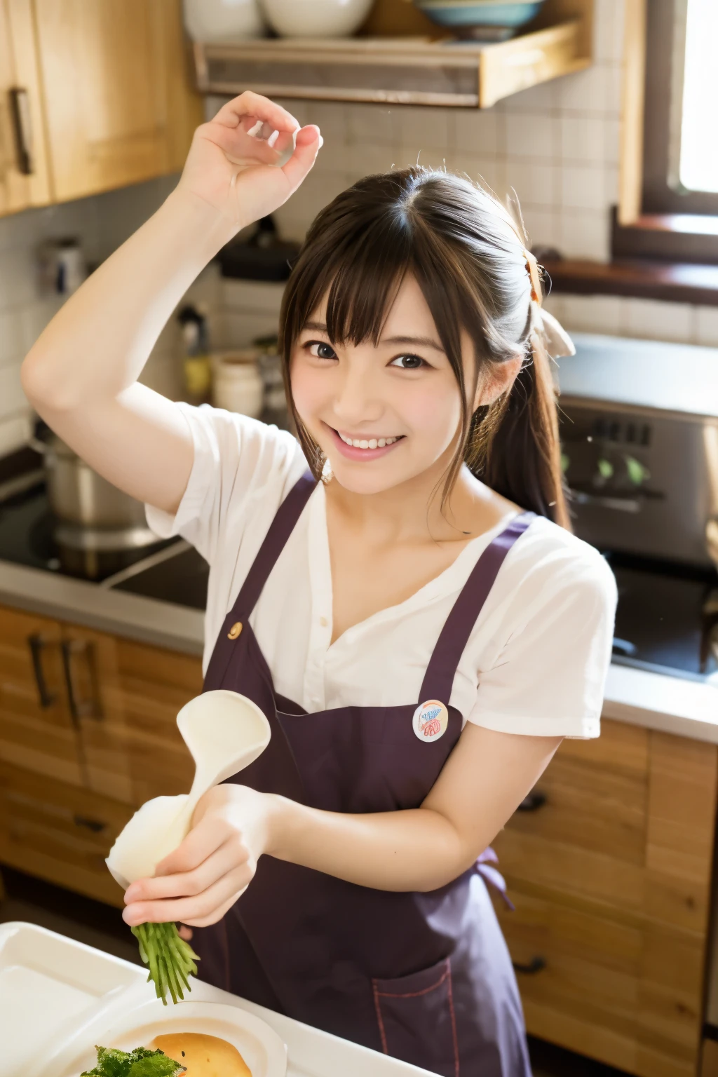 Cute adult girl Is pouring ranch on her hair 