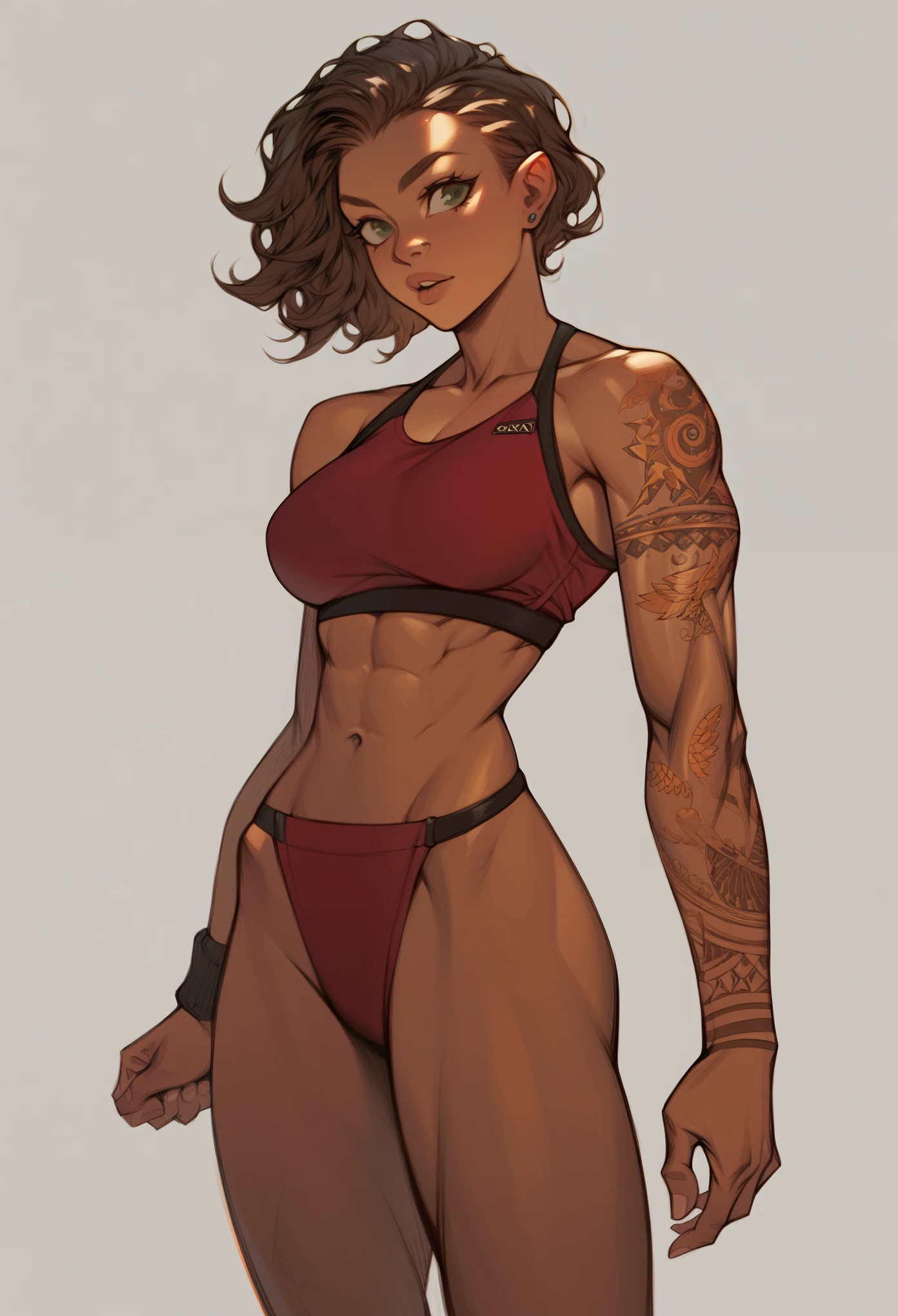 Athletically built, this golden-brown skinned woman has a distrustful feel about her. Her fine, natural brown hair is closely shaved She has penetrating, small, dark green eyes, small ears and a well-formed nose. She has a thin torso with adolescent breasts and a narrow waist, muscular legs, wide shoulders, and a slender neck. She has multiple tattoos on her right hand, left hand and stomach.
