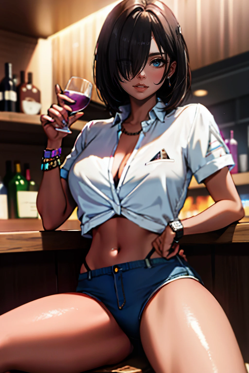 Three Girls, high quality, Super detailed, Crazy Details, 4K Quality (Digital art like a movie: 1.3), high quality, Tabletop, 最high quality, Super detailed, figure, [4K Digital Art]、 Indiasug no, (Sharp focus: 1.5), (Moody lighting:1.2), Depth of written boundary, bokeh, 4K 、High resolution, Super detailedな, Highly detailed CG Unity 8k wallpaper, Realistic, Photorealistic, RAW Photos, Beautifully detailed face, Pale skin, Realistic glowing skin, Detailed cloth texture, Detailed hair texture, Perfect body, Beautiful Face, Acura, Anatomically correct, Very detailed face, Eye and skin texture, Natural neck length, (Beautiful Eyes), (Beautiful Hands), (Shiny skin:1.2), Thin legs, Thin legs, Someone knowledgeable、Detailed face、Detailed Background、 (Live Action、Intricate details)、bionde、short hair、 night、night、Pink Neon Light、 Dark and cold lighting、Tropical style、Holographic Collar Shirt、huge 、Big cleavage、  Dramatic compensate、compensate、Pinky Pink Lipstick、eye make up、mascara、eyeliner、eye shadow、Lilac Contact Lenses、 This is a very beautiful anime style illustration. A bar deep in the city. words "Cafe Flamingo" neon tube. Shining mysteriously in the darkness of night.
Beautiful woman in body-conscious clothes drinking wine on the terrace of the bar. She rested her elbows on the table.、Looking wistfully into the distance.
There was a small candle on the table, Make your beautiful face look even more beautiful.