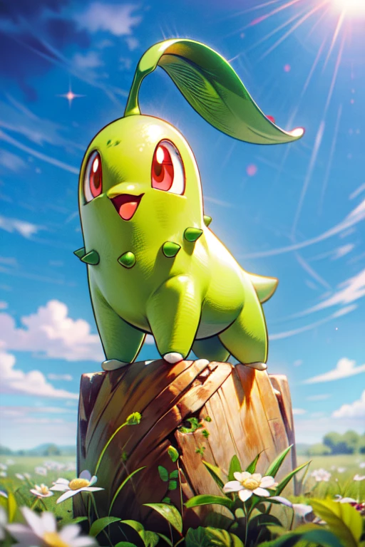 (masterpiece, best quality:1.2), highly detailed, POV, illustration, 1pokemon, chikorita, Chikorita_Pokemon, happy, blue sky, white flower field background, absurdres