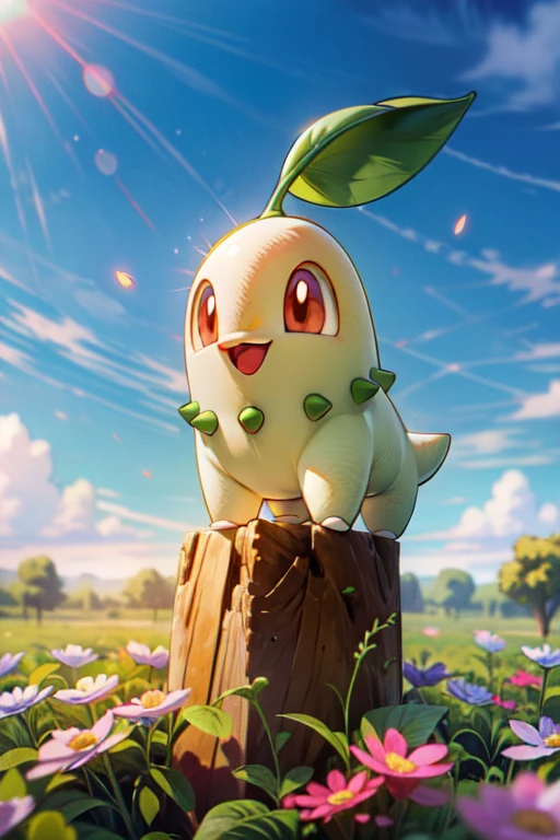 (masterpiece, best quality:1.2), highly detailed, POV, illustration, 1pokemon, chikorita, Chikorita_Pokemon, happy, blue sky, white flower field background, absurdres