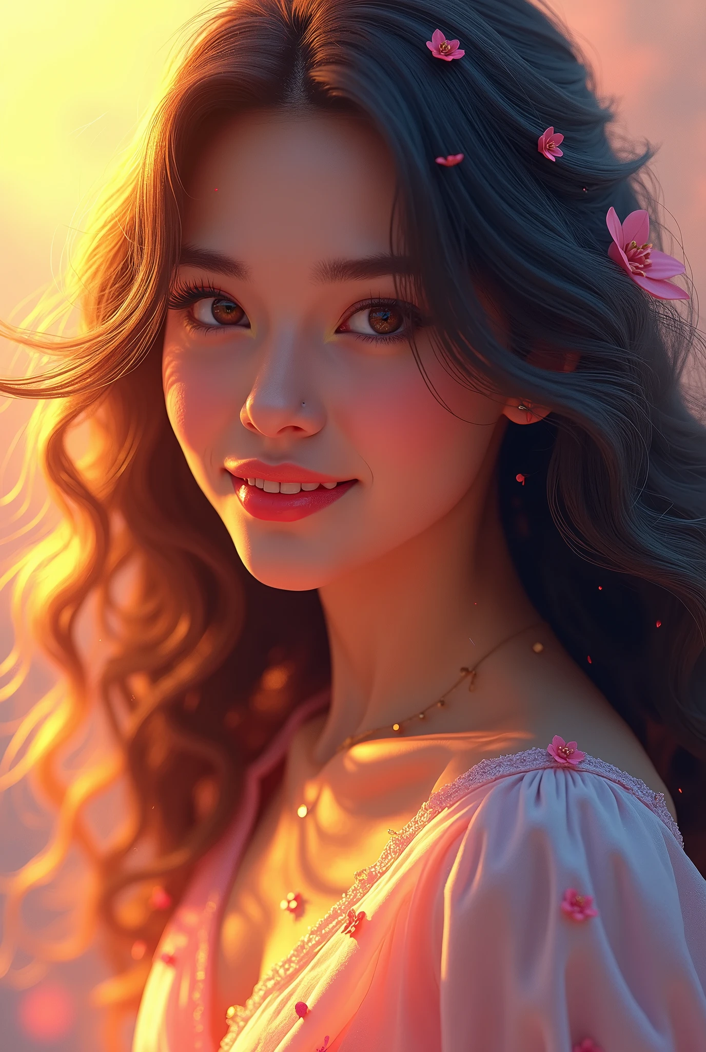 A close up of a woman with long hair wearing a pink dress - SeaArt AI