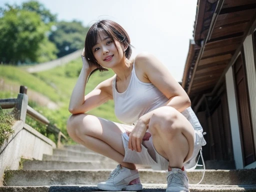 seed no.2308753000、Danrei、A seductive gaze、Japan Beautiful Actresses、50 years old、Plump body、Glamour、charming、Slightly larger breasts and buttocks、 Clear skies、Light of the sun、Honolulu Marathon、sportswear、sports bra、Sagging bust、cowboy short hair,The beauty of slim abs: 1.3,a seductive look, delicate eyes, double eyelid, smile, Home、sexy pose、Erotic Poses、It feels like he&#39;s clearly inviting me、Pheromones are emitted