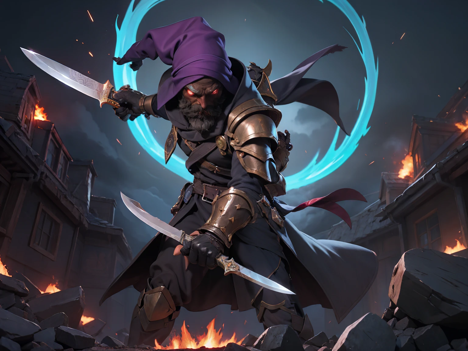 old  African male, (to shine:1.0), (black fire magic;1.2), gray afro mohawk, have a beard,magical, godlike armor, overcoat,dark, Wizard, clouds in the sky, photograph, (Fighting posture:1.2), league of Legends,glowing purple eyes, Wizard , (holding a knife:1.2), Highly detailed, Masterpiece, (HDR)(Wallpaper)(movie light)(Sharp focus), Masterpiece, best quality, (best quality),(Explosive magic:1.2),top view, sparks, red,ashes,violet purple, Headscarf