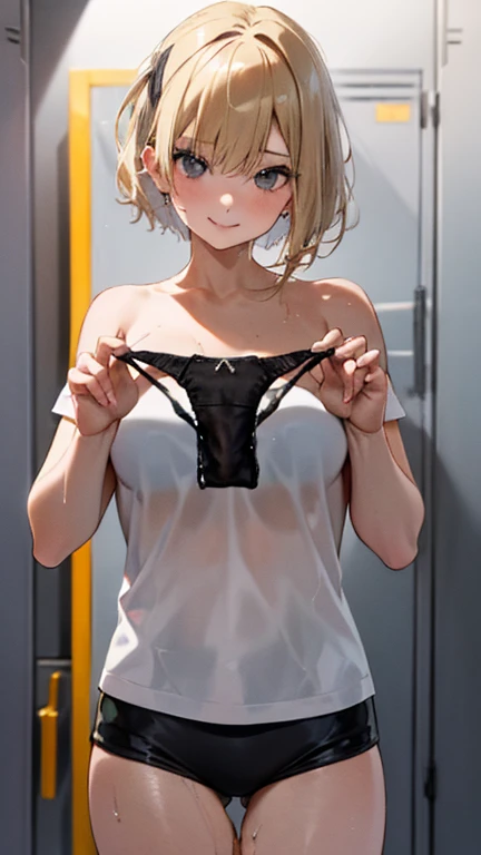 (8k、Best image quality、Highest quality、masterpiece)、Detailed face、1 girl、blonde、short hair、Grey Eyes、Wicked Smile、Big Breasts、((Topless))、((very small hot pants))、((Showing off her wet black panties))、((Unfold panties with both hands))、Cowboy Shot、Locker Room Background、Completely naked