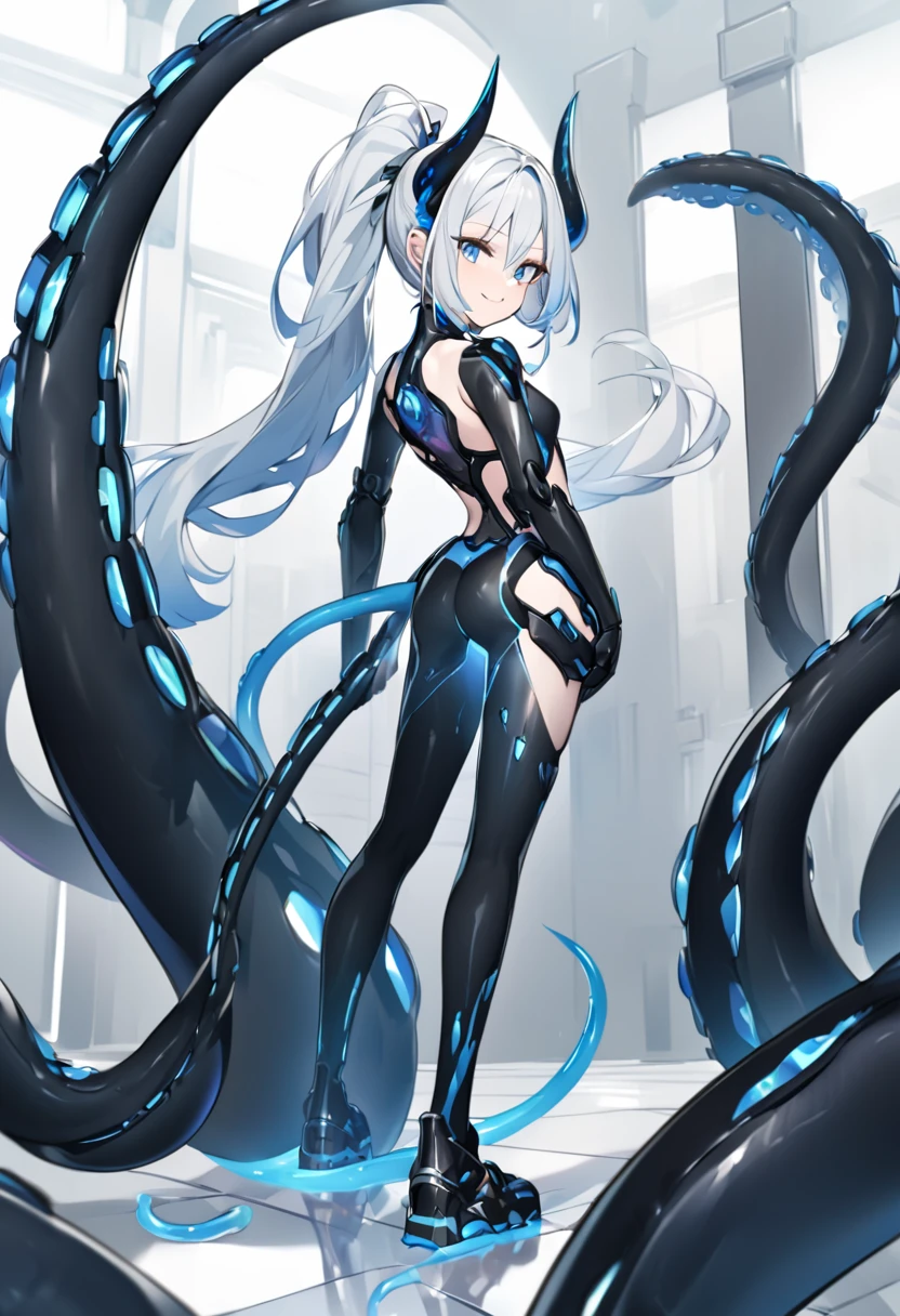 A tall girl ((solo)). She has silver long hair into a ponytail, dark-blue eyes, pretty face. She has 2 blue horns on the head and a draconic tail. She's wearing just white underwears. Her shoulder, hips and chest have a blue and black cyber armor ((Her legs have a black cyber stocking and armor)). She's using black matalic shoes. She's smilling. She's displaying her back. ((There's transparent tentacles are growing from the floor)). ((She's covered in viscous liquid)).