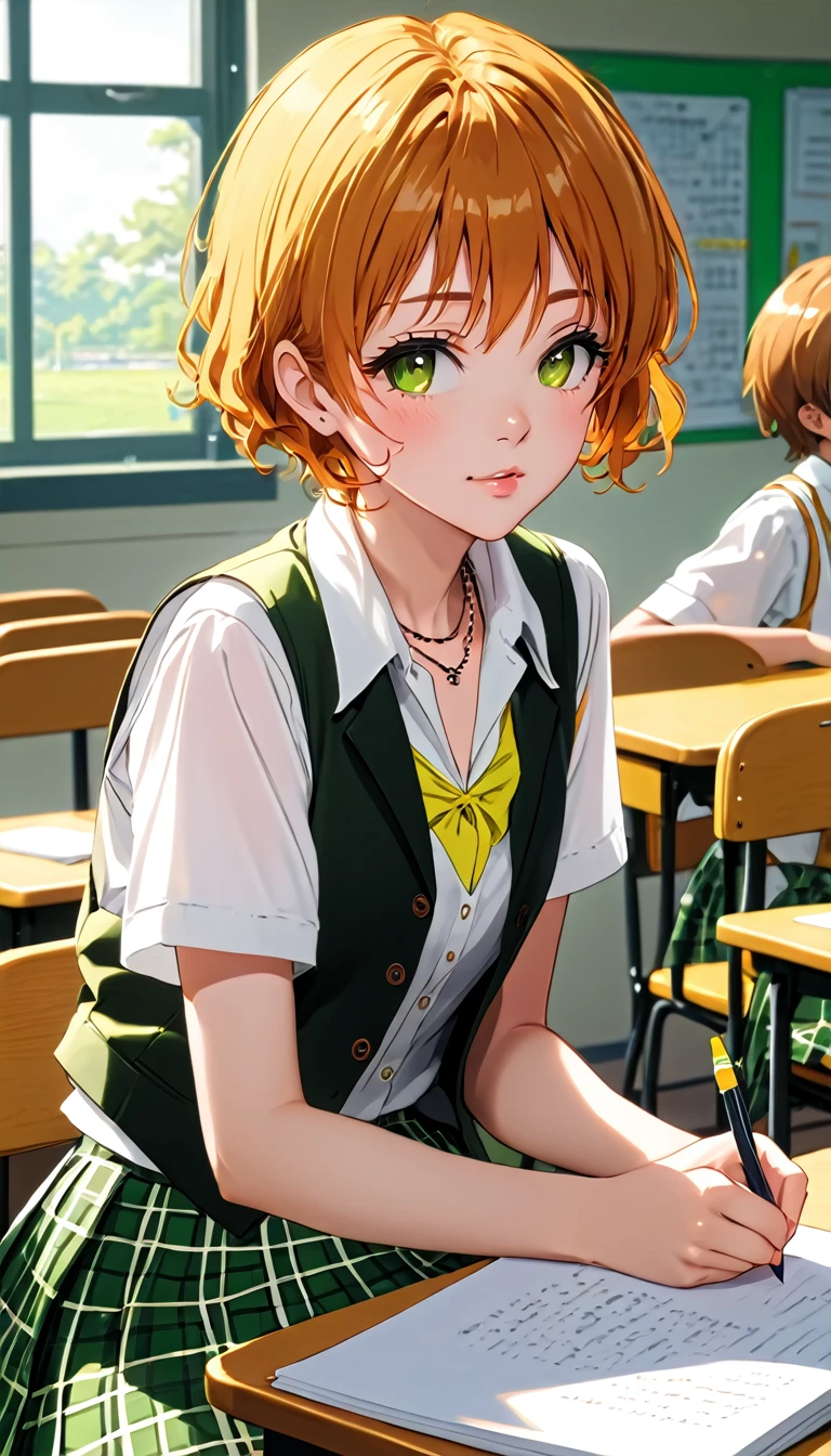 super high quality,Ultra-high resolution,super masterpiece,Ultra HD ,Detailed shading,closed mouth ,One high school girl,Short wavy orange hair,Open-collar white dress shirt,Short sleeve shirt,choker,yellow vest, buttoned vest,Green plaid mini skirt,classroom in the summer ,sitting on chair, studying ,writing note,sweat, from side,glossy lips