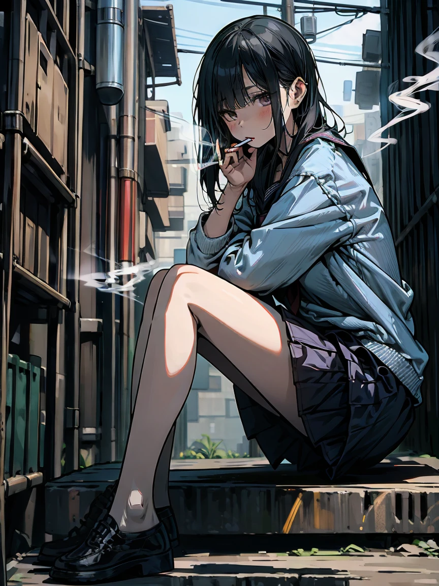 masterpiece, Highest quality, High resolution,alone, Accurate human body、Both arms are down,I can see your bare feet,Knowledgeable person、Correct five-finger,Sailor suitを着たアニメの***が座っている,Holding a cigarette,  1 girl, Take a smoking break,Japanese girls uniform, Japanese School Uniform, high school girl, seifuku, Anime Girl Cosplay, Sailor suit, beautiful anime high high school girl, JK Uniform, Girl in uniform, wearing Japanese School Uniform, Simple light background, Uniform soft illumination, Shadows are minimal, Quiet and tranquil atmosphere, Front view, Shallow depth of field, Well-balanced exposure