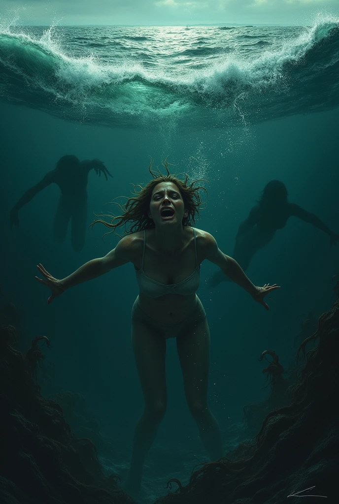 1girl, teenager 18 years old, Asian, her hair dissolves very quickly under water going bald, Frightened eyes, open mouth, moaning, astonished, spreading her legs on her tiptoes, caressing her body with her hands as if she were washed , obligatory, underwater, seabed, Stones and corals, Some hair walks in the water, air bubbles escaping from her mouth, Her body floats underwater, shows her, (((( (naked))))), (((((zombie girl))))),