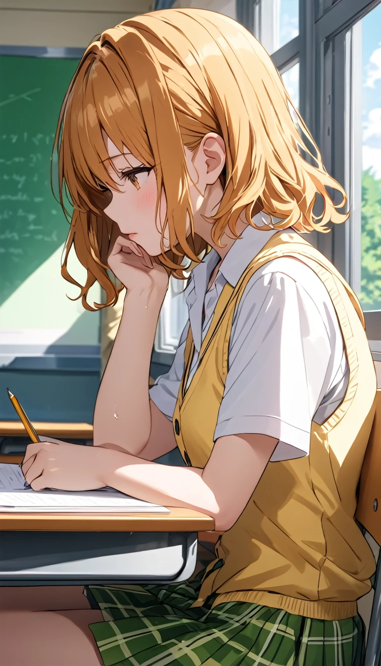 super high quality,Ultra-high resolution,super masterpiece,Ultra HD ,Detailed shading,closed mouth ,One high school girl,Short wavy orange hair,Open-collar white dress shirt,Short sleeve shirt,choker,yellow vest, buttoned vest,Green plaid mini skirt,classroom in the summer ,sitting on chair, studying ,writing note,sweat, from side,glossy lips