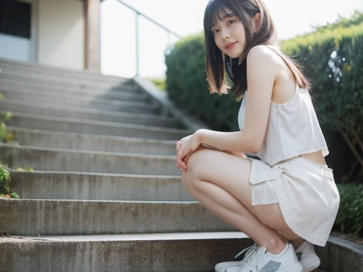 A glamorous, cute Japanese woman in a white tank top and white miniskirt is squatting on an old outdoor staircase and touching her crotch through her clothes.